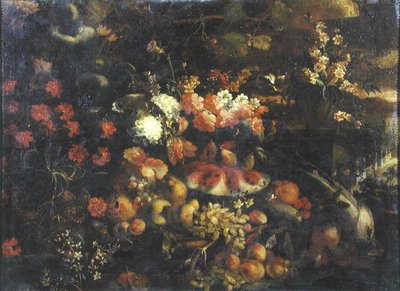 Stilleven met fruit en putti door Italian School