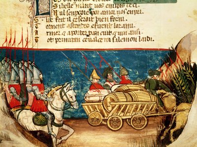 Het leger van Karel de Grote (742-814) en het transport van voorraden, uit een Venetiaans codex door Italian School