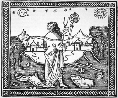 De Astrologer Albumasar (787-885) kopie van een illustratie uit zijn Introductorium in Astronomiam, Venetië 1506, gebruikt in Geschiedenis van de Magie, gepubliceerd eind 19e eeuw door Italian School