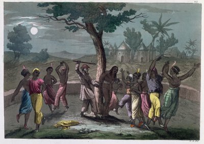 De dans van de Mombo-Jombo, volgens de reizen van Mungo Park, uit A History of Costume door J. Ferrario, gepubliceerd in Milaan ca.1820 door Italian School