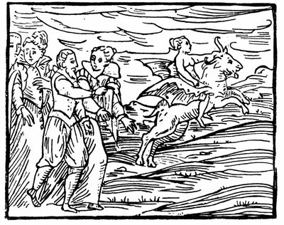 De Duivel, in de vorm van een vliegende geit, die een heks naar de sabbat draagt, illustratie uit Compendium Maleficarum door Francesco Maria Guazzo, 1608 door Italian School