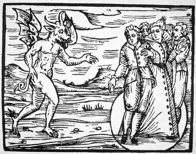 De Evocatie van de Duivel, kopie van een illustratie uit Compendium Maleticarum door Fr M Guaccius, Milaan 1608, gebruikt in Geschiedenis van de Magie, gepubliceerd eind 19e eeuw door Italian School