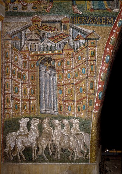 De poort van Jeruzalem met lammeren die de apostelen symboliseren door Italian School