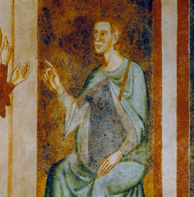 De gouverneur van Antiochië Olibrius, detail van de episode van het oordeel van St. Margaretha, uit de fresco cyclus gewijd aan Sint Margaretha van Antiochië door Italian School