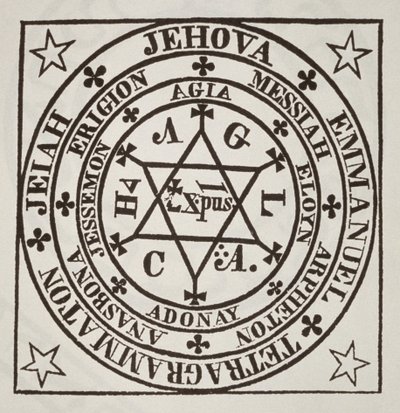 De Grote Magische Cirkel van Agrippa voor de Evocatie van Demonen, kopie van een illustratie uit Les Oevres Magiques de Henri Corneille Agrippa, Rome 1744, gebruikt in Geschiedenis van de Magie, gepubliceerd eind 19e eeuw door Italian School