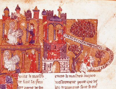 De Griekse filosoof Aristoteles onderwijst zijn studenten moraal en vrouwenhaat (miniatuur uit een Italiaans manuscript) door Italian School
