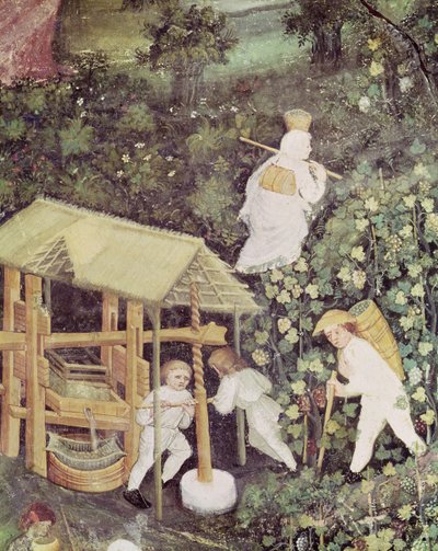 De maand oktober, detail van druivenplukkers die druiven persen, ca. 1400 door Italian School
