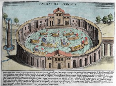 De Naumachia van Nero, voorstelling van een zeeslag in Rome. Gravure (17e eeuw). door Italian School