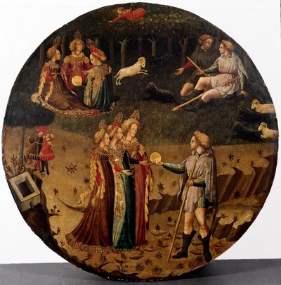 Het oordeel van Parijs. De herder Parijs moet kiezen aan wie hij de gouden appel zal geven om de mooiste van de drie godinnen, Athena, Aphrodite of Hera, aan te wijzen. Schilderij van de Italiaanse school uit de 15e eeuw Florence, Museo Nazionale del Barge door Italian School