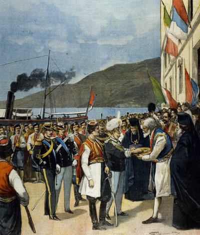 De Prins van Napels - later Victor Emmanuel III - ontvangt in Rijeka volgens traditie brood en zout van de familie van Helene van Montenegro. door Italian School