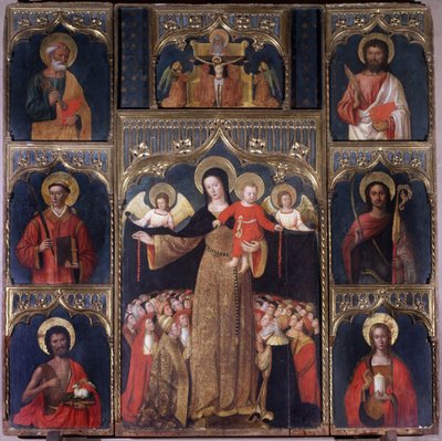 De Maagd met Christus Kind: Altaarstuk van Onze-Lieve-Vrouw van de Rozenkrans. Zes heiligen omringen de Maagd: Sint-Pieter, Sint-Jan de Doper met het Lam Gods, Sint-Bartolomeüs, Sint-Stefanus, Sint-Julianus, Sint-Maria Magdalena. Boven, de kruisiging door Italian School