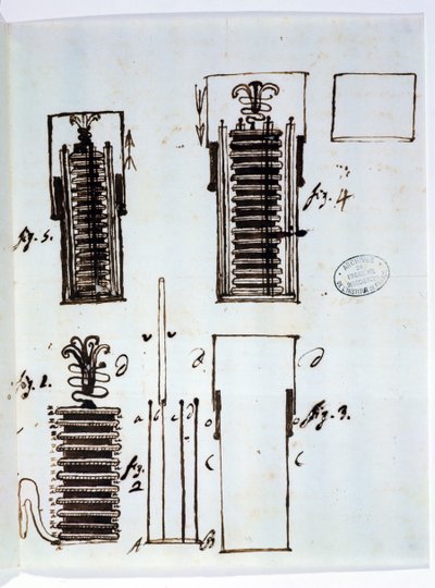 De Voltaïsche stapel (batterij). Tekening uit een brief van Alessandro Volta (1745-1827) aan Dieudonné Dolomieu (1750-1801) over galvanisme, 1801 door Italian School