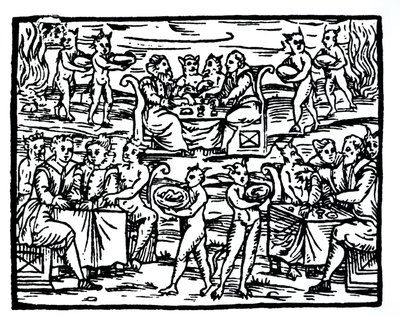 De heksensabbat, kopie van een illustratie uit Compendium Maleficarum door Fr M Guaccius, Milaan 1608, gebruikt in History of Magic, gepubliceerd eind 19e eeuw door Italian School