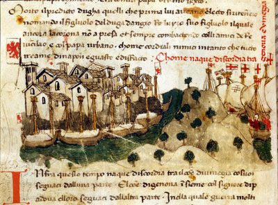 Het begin van de Chioggia-oorlog tussen Genua en Venetië. Kronieken van Sercambi. Nationaal Archief, Lucca. door Italian School