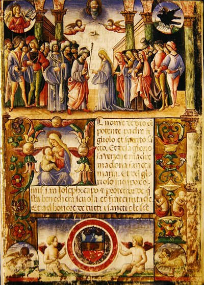 De Verloving van de Maagd, uit een Mariegola van de lekenbroederschap van St. Jozef en St. Sylvester door Italian School