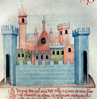 De stad Cherasco (Querasque) in de provincie Coni in Piemonte, Italië. Kerk en muur en vestingtoren van de middeleeuwse stad. Pagina uit Codex Astensis of Malabayla. 13e eeuw miniatuur. Asti, Archivio Storico Comunale door Italian School