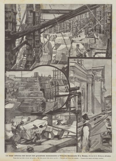 De huidige staat van de werkzaamheden aan het grandioze monument voor Vittorio Emanuele II in Rome (litho) door Italian School