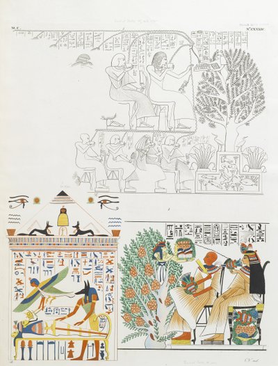 De overledene krijgt voedsel en wijn van de godin van de sycamoreboom en Anubis met de mummie door Italian School