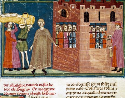 De verdeling van maaltijden aan gevangenen. Miniatuur van de Florentijnse school uit een verlengde editie van het Pater noster door Ser Zucchero Bencivenni (MS.II.VI 16) begin 14e eeuw Florence, nationale bibliotheek door Italian School