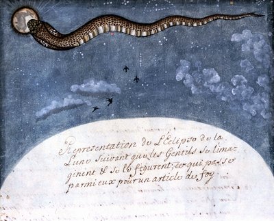 De maansverduistering voorgesteld door de Mogol-Indiërs (een slang die de maan verslindt). Pagina uit het manuscript 