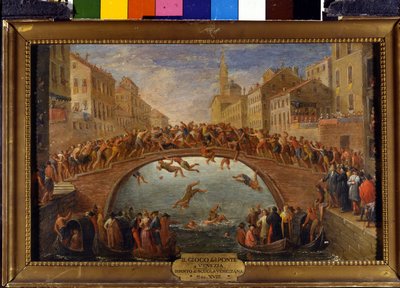 Het spel van de brug heeft Venetië De strijd van de stokken op de Ponte Santa Fosca. Schilderij van de Venetiaanse school. 18e eeuw. door Italian School