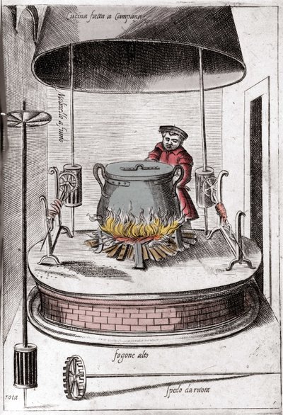 De keuken onder een bel. Gravure uit “Opera”, boek over gastronomie verdeeld in 6 delen, door Bartolomeo Scappi, persoonlijke kok van paus Pius V. Venetië door Italian School
