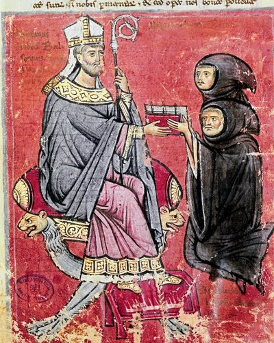 De monnik Benedetto da Bari (die jong en oud voorstelt om aan te geven dat het schrijven van zijn werk zijn hele leven heeft gekost) overhandigt aan de abt Balsamo (13e eeuw), leider van de Benedictijner abdij van Cava de Tirreni, zijn codex De Septem Sigi door Italian School