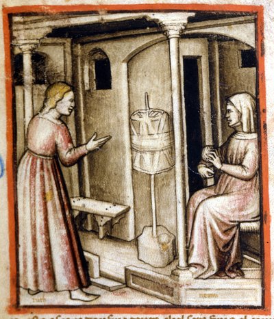 Het spinnen van wol in de 14e eeuw. Miniatuur uit codex 212 (of padovano codice of Bijbel van Padua) 1390-1400 Rovigo, Accademia dei Concordi door Italian School