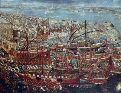 De triomfantelijke terugkeer van de Venetiaanse vloot naar het arsenaal na de campagne geleid door Doge Francesco Morosini tegen de Turken in 1659 door Italian School