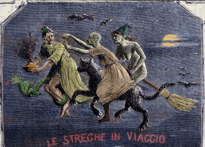 De heksen op weg naar de sabbat: een zit op een zwarte kat, een andere op een bezem en de derde op een draak draagt een elixer. Gravure door Italian School