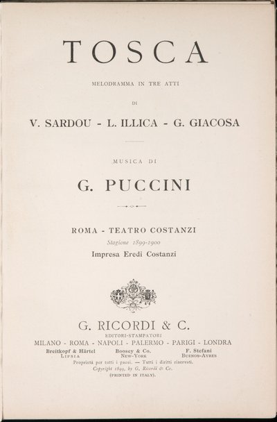 Titelpagina, Libretto della Tosca, door Giacomo Puccini, Edizione Ricordi, Italië door Italian School