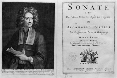 Titelpagina van Sonate a Tre met een portret van Arcangelo Corelli (1653-1713) door Italian School