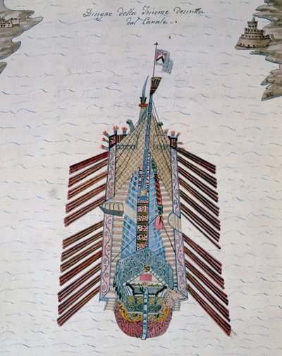 Trireem (schip met drie rijen roeiers), uit Verhandeling over maritieme militie, door Cristoforo Canal (1510-1562), Italië door Italian School