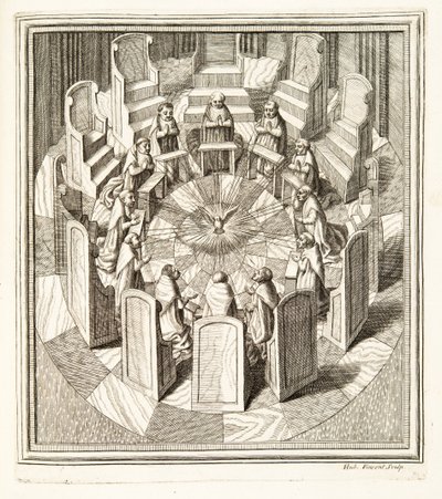 Twaalf Rechters van de Rota bidden in een ronde hal rondom de Heilige Geest, pub. 1717 (gravure) door Italian School
