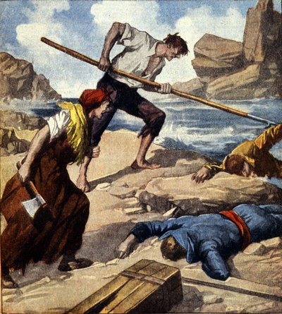Twee schipbreukelingen (piraten) na het trekken van de boot naar de rots plunderden de bemanning. Italiaanse illustratie door Italian School