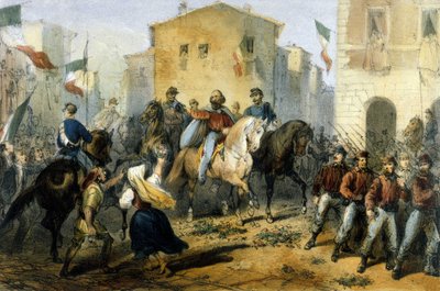 Eenwording van Italië: de expeditie van de Duizend of Roodhemden onder leiding van Giuseppe Garibaldi (1807-1882). Aankomst in Messina op Sicilië. Tekening eind 19e eeuw door Italian School