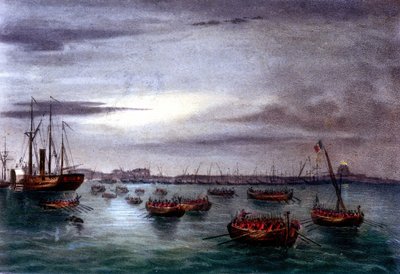 Eenwording van Italië: de expeditie van de Duizend of Rode Hemden onder leiding van Giuseppe Garibaldi (1807-1882). Vertrek van de eerste vloot van het Garibaldi-leger vanaf de vuurtoren van Messina in Sicilië naar Calabrië. Lithografie uit de 19e eeuw. door Italian School