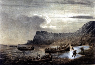 Eenwording van Italië: expeditie van de Duizend of Rode Hemden onder leiding van Giuseppe Garibaldi. Het vertrek van de eerste vloot van Garibaldianen naar Calabrië bij Fort Stella. Lithografie uit de 19e eeuw door Italian School