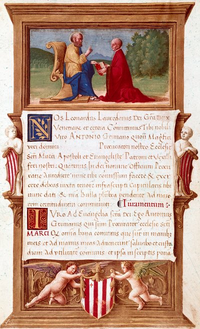 Venetië: Commissie van Doge Antonio Grimani (1434-1523), Procurator van San Marco. Manuscriptpagina uit de 16e eeuw. Venetië, Museo Correr door Italian School