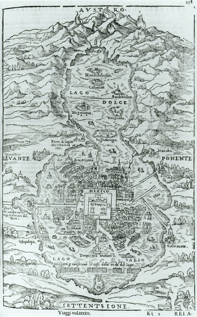 Zicht vanuit het noorden op de Azteekse stad Tenochtitlan, uit Relatione della Citta del Temistitan door Giovanni Battista Ramusio (1485-1557) gepubliceerd in Venetië 1606 door Italian School