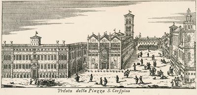 Uitzicht op Piazza San Crispino en de kathedraal van Ferrara, gravure door Italian School