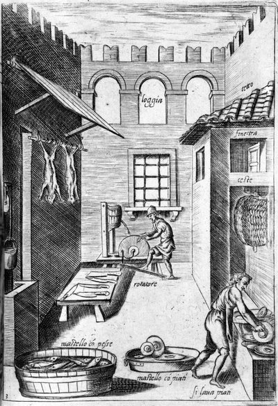 Uitzicht op een keuken. Achterin slijpt een man de messen terwijl een ander de borden wast. Gravure uit “Opera”, boek over gastronomie verdeeld in 6 delen, door Bartolomeo Scappi, persoonlijke kok van paus Pius V. Venetië door Italian School