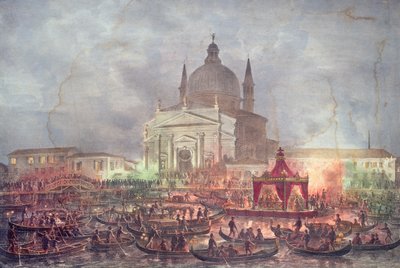 Uitzicht op de Chiesa del Redentore en boten op carnavalsdag door Italian School