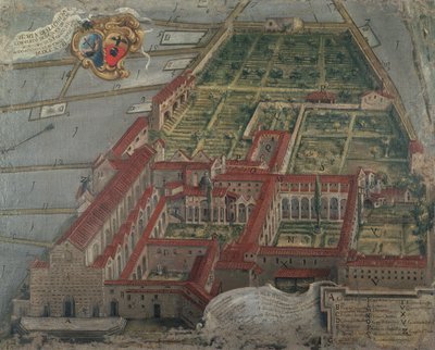 Zicht op de kerk en het klooster van Santa Croce in 1718 door Italian School