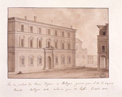 Uitzicht op het Paleis van Prins Eugenius in Bologna, gegraveerd door S.A.I. naar Busatti door Italian School