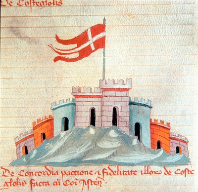Uitzicht op het kasteel van Castiglione in Toscane. Miniatuur uit Codex Astensis (of Malabayla), kronieken over de stad Asti tussen 1065 en 1353. 14e eeuw. Bewaard in het stadhuis van Asti door Italian School