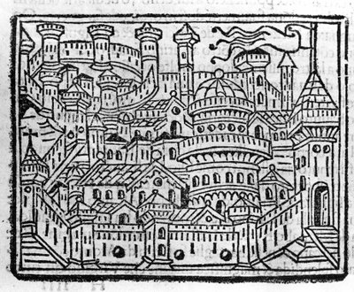Zicht op de stad Aosta in Italië. Gravure in 