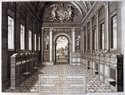 Zicht op het museum van Michele Mercati (1541-1595), rentmeester van de Vaticaanse Botanische Tuinen. Gravure uit 