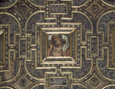 Zicht op het panelenplafond met geschilderde panelen door Pier Maria Pennacchi (1464-1514/15) door Italian School