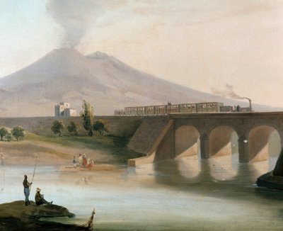 Uitzicht op de spoorlijn tussen Torre Annunziata en Nocera in de regio Napels, geopend in 1844, de Vesuvius is zichtbaar op de achtergrond door Italian School